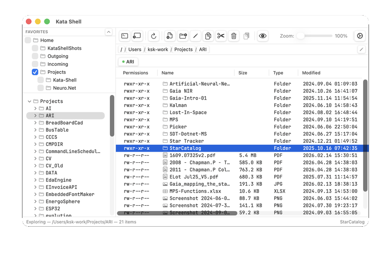 Kata Shell: a directory tree on the left, a details view with permissions and dates on the right, a toolbar above